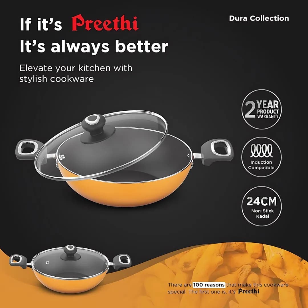 Preethi  Dura Non Stick Kadai 24 CM ( Yellow - Kadai )