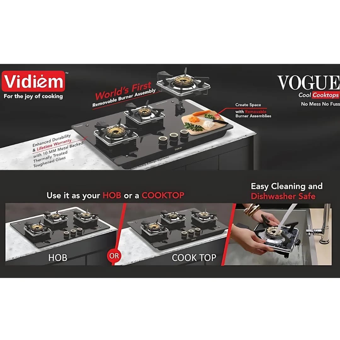 Vidiem Vogue Glass Top 3B Black - Gas Stove