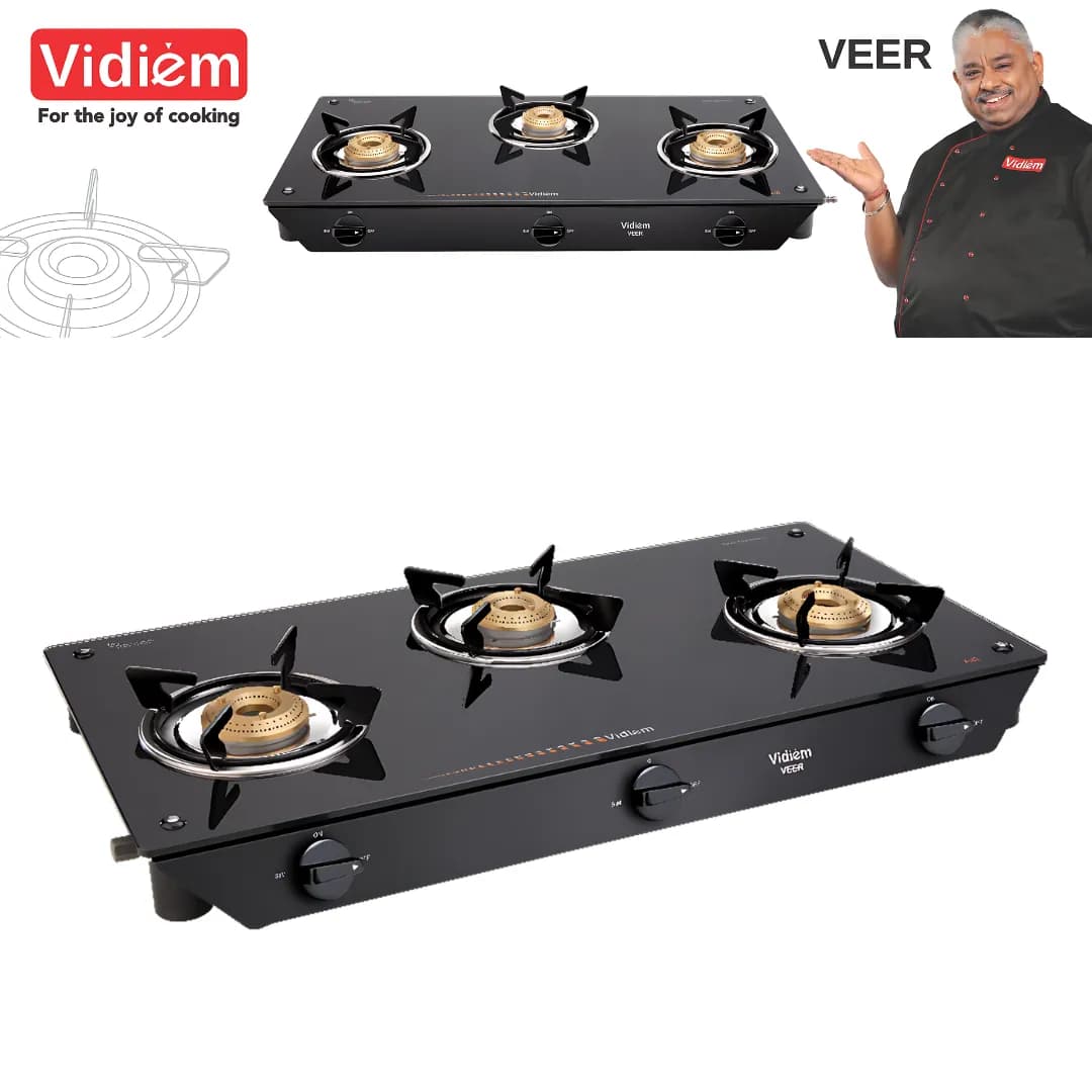 Vidiem Veer Glass Top 3B Black - Gas Stove