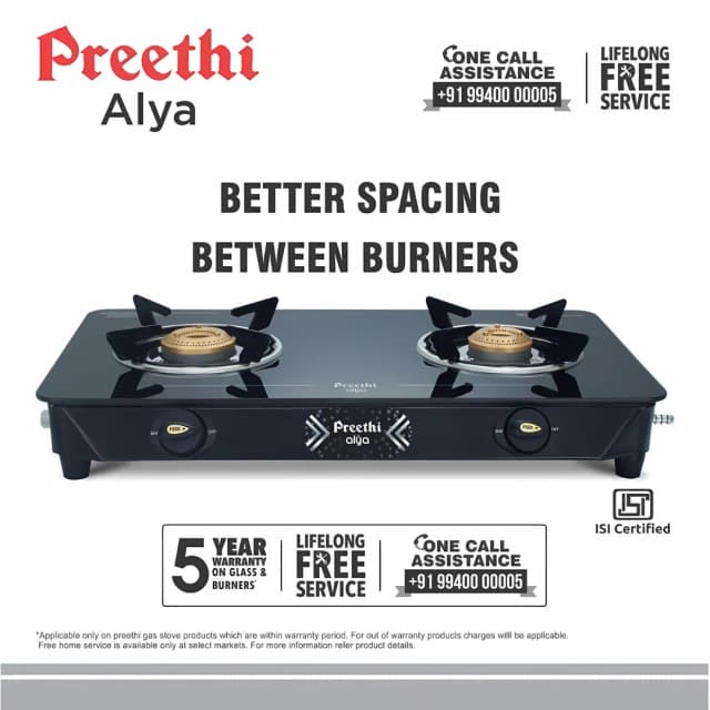 Preethi Alya Glass Top 2B Black - Gas Stove