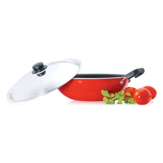 Premier Non Stick Aluminium Kadai With SS Lid 24 CM Red