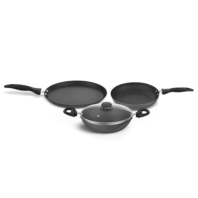 Preethi Daily Non Stick 3 Set Combo Variety Pack Grey (28 Cm Tawa, 24 Cm Fry Pan, Kadai 24 Cm)