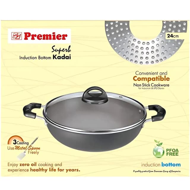 Premier Superb Non Stick Induction Base Kadai With G.lid 24 Cm Black