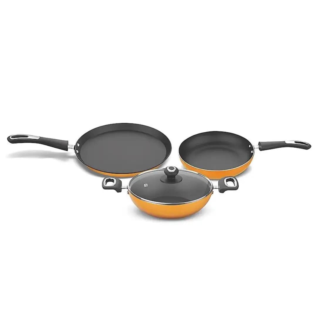 Preethi Dura Non Stick 3 Set Combo Yellow (28 Cm Tawa, 26 Cm Frying Pan, 26 Cm Kadai)