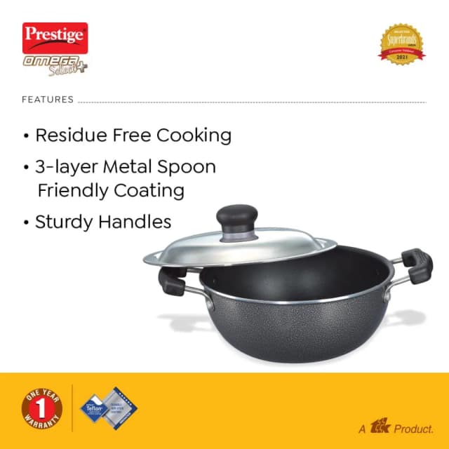 Prestige Omega Select Plus Non-Stick Aluminium Kadai 27 CM With SS Lid (Black)