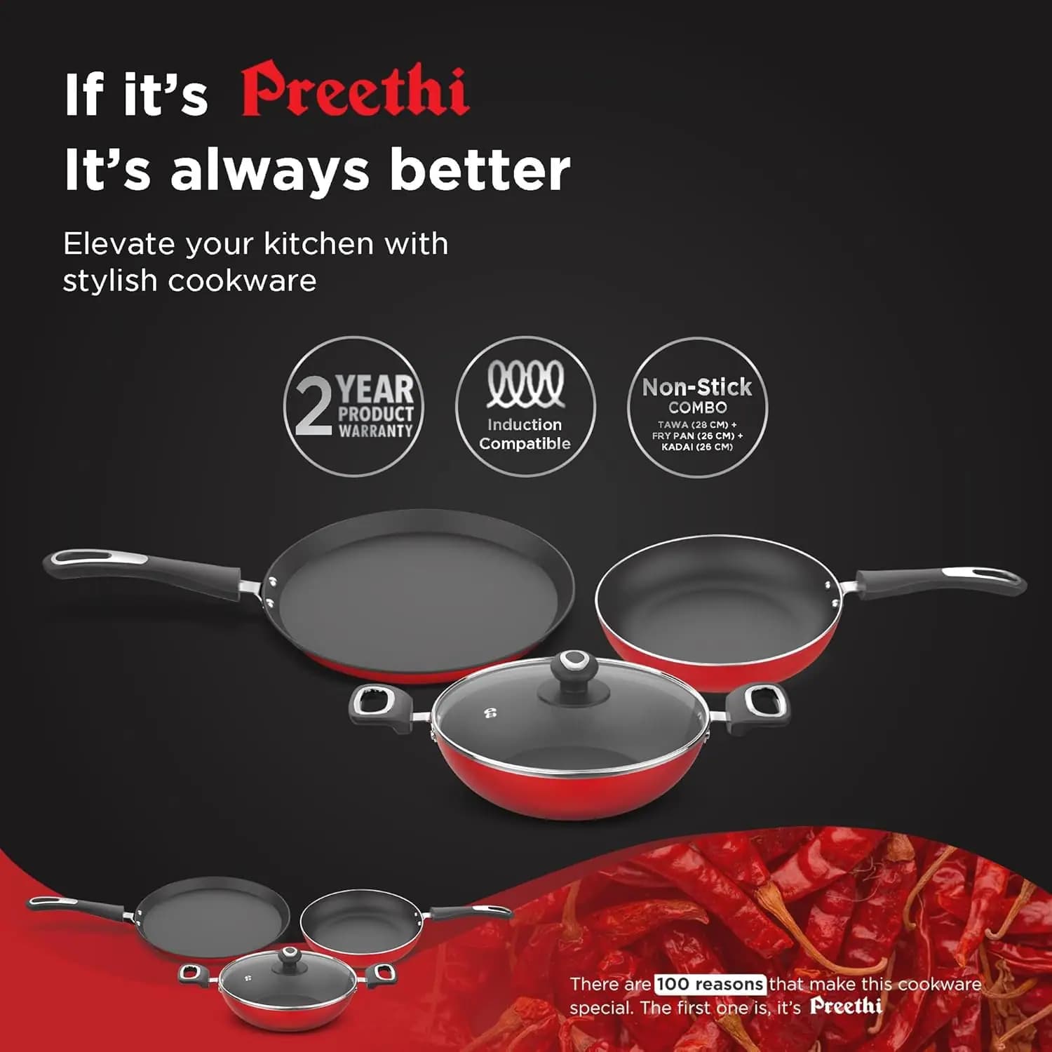 Preethi Dura Non Stick 3 Set Combo Red (28 Cm Tawa, 26 Cm Frying Pan, 26 Cm Kadai)