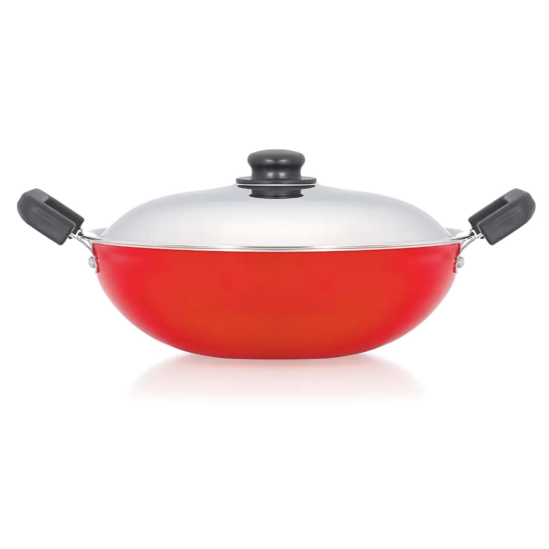 Premier Non Stick Aluminium Kadai With SS Lid 24 CM Red