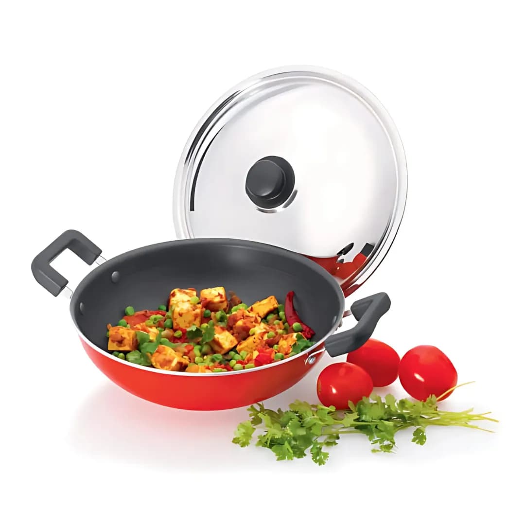 Premier Non Stick Aluminium Kadai With SS Lid 24 CM Red