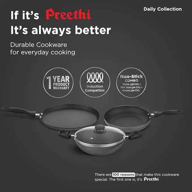 Preethi Daily Non Stick 3 Set Combo Variety Pack Grey (28 Cm Tawa, 24 Cm Fry Pan, Kadai 24 Cm)