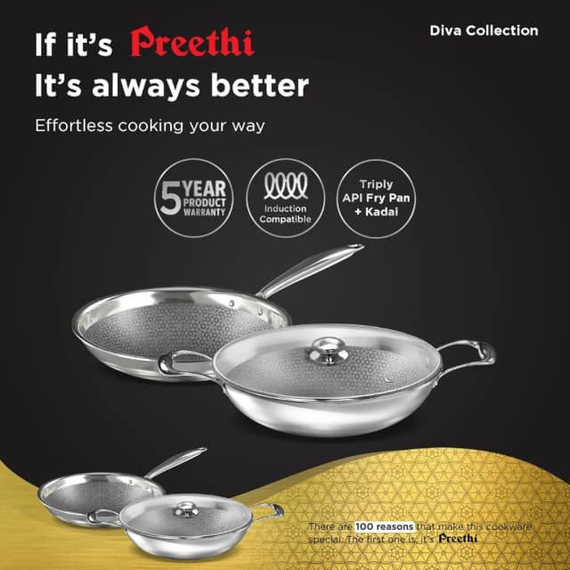 ‎Preethi Diva Triply Stainless Steel Combo Collection Set With API Technology ( 26 Cm Kadai, 26 Cm Fry Pan )