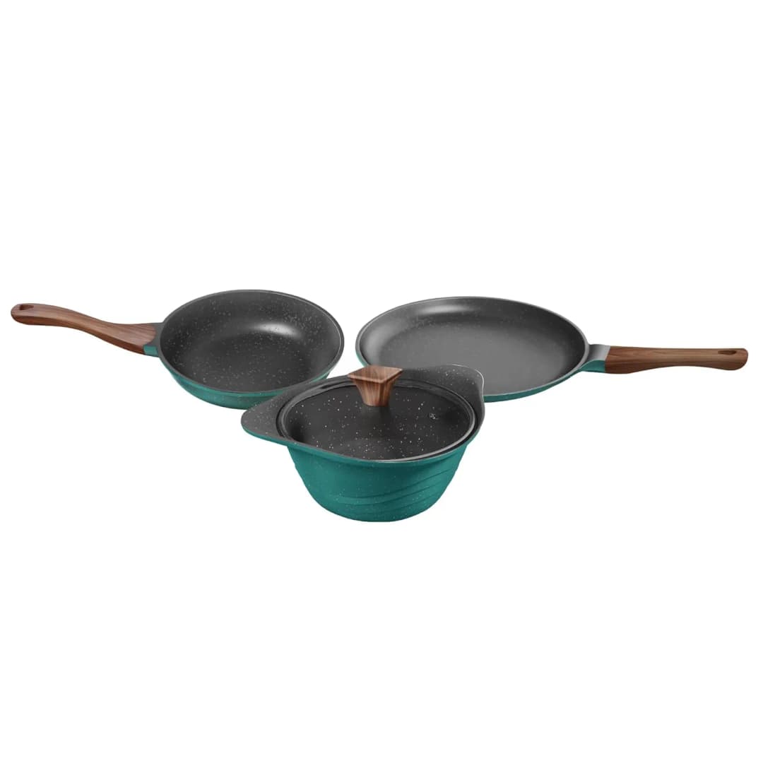 Preethi Aluminium Artistic Combo Collection Green ( Non Stick Set , 27 Cm Tawa, 24 Cm Fry Pan, Kadai 24 Cm With Glass Lid )