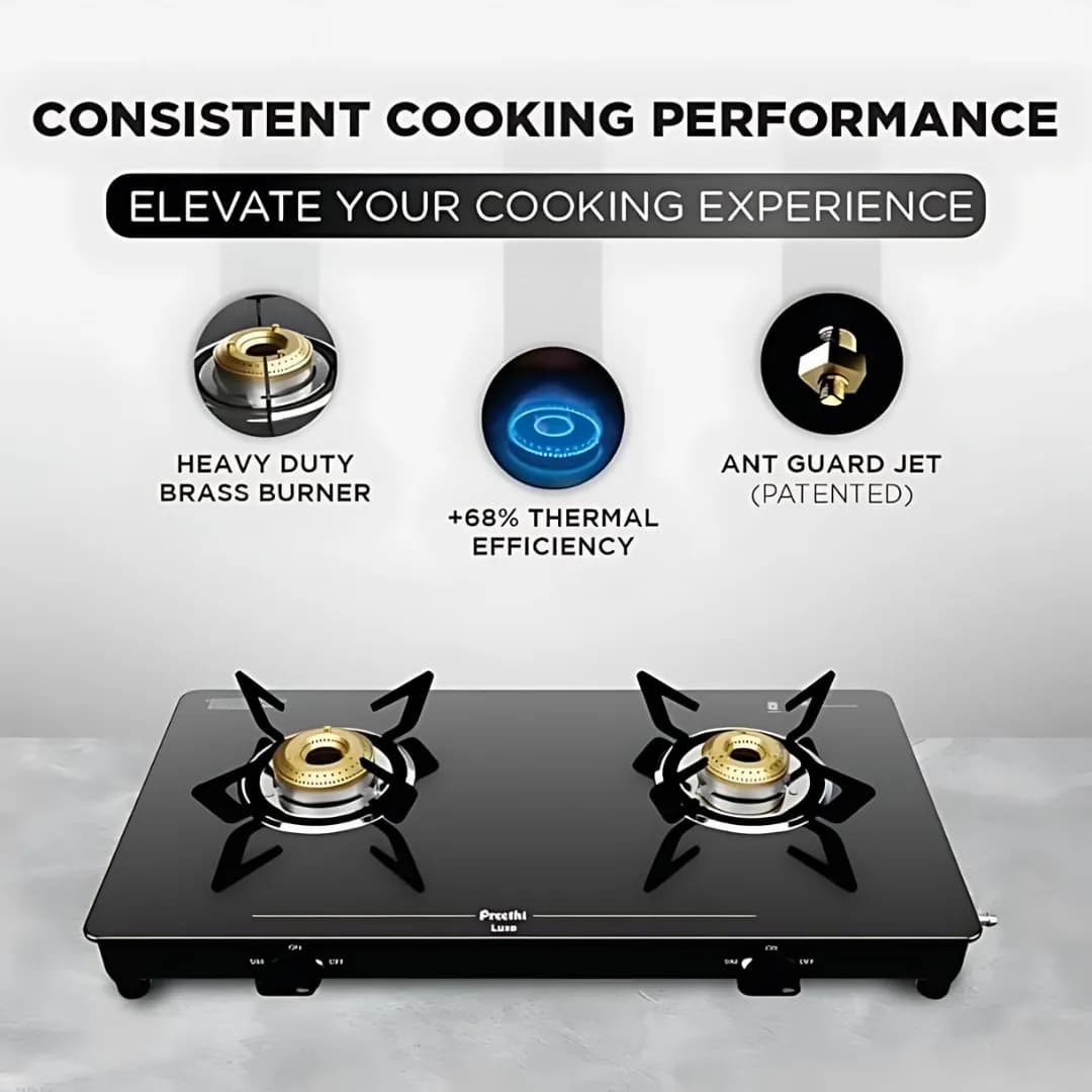 Preethi Luxe Pro Glass Top 2B Black Gas Stove