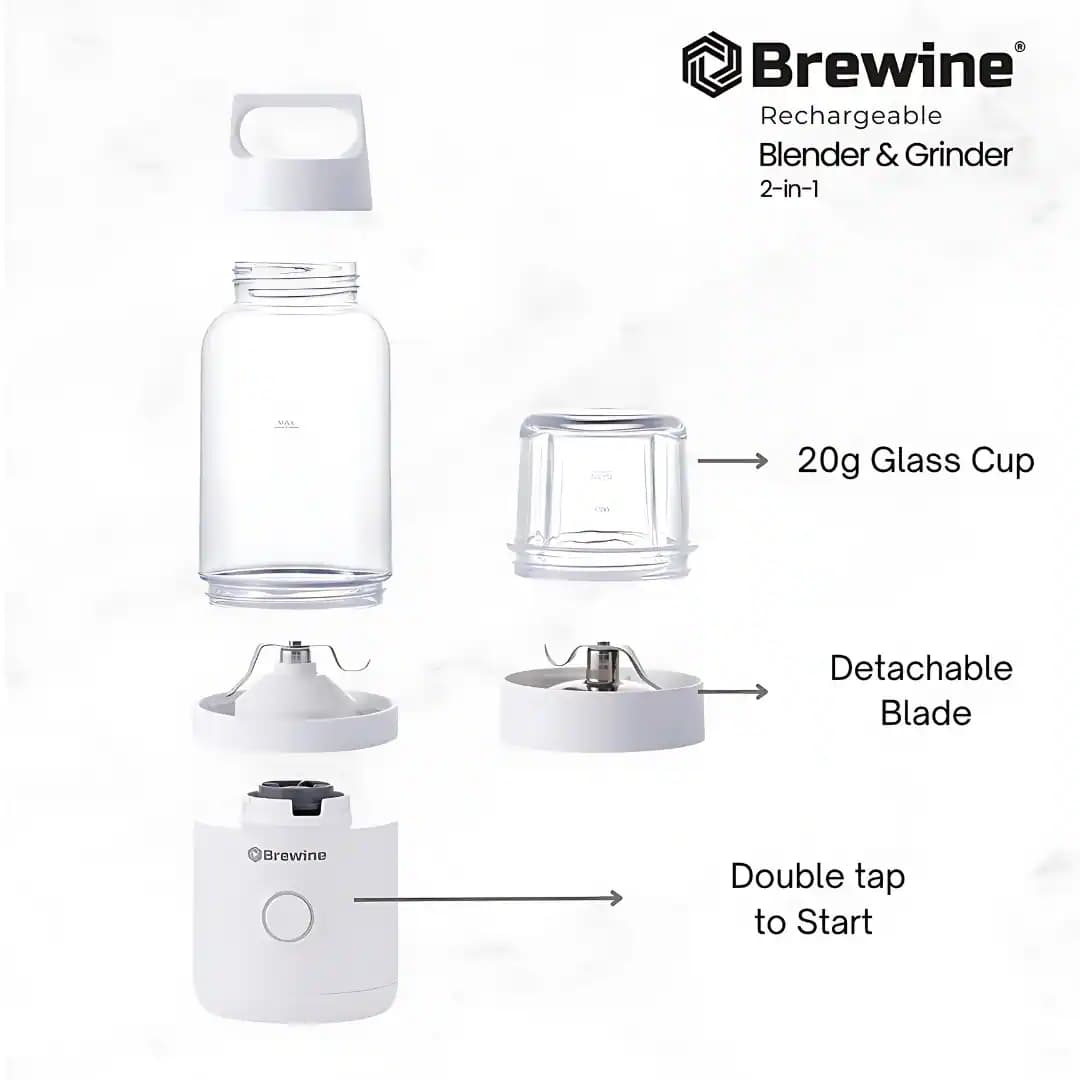 Brewine USB Rechargeable 2-in-1 Portable Blender & Grinder White