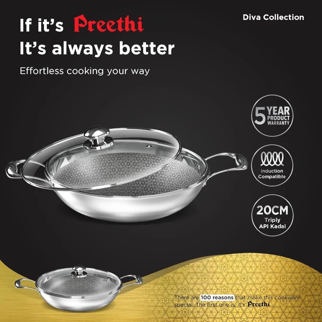 Preethi Diva Triply Stainless Steel Kadai 20 CM Silver