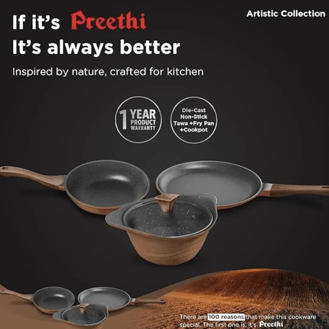 Preethi Aluminium Artistic Combo Collection Brown ( Non Stick Set , 27 Cm Tawa, 24 Cm Fry Pan, Kadai 24 Cm With Glass Lid )