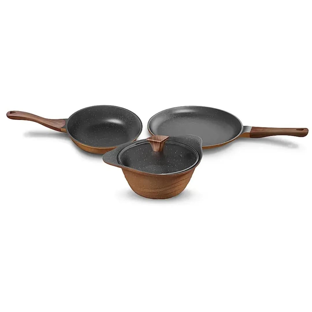 Preethi Aluminium Artistic Combo Collection Brown ( Non Stick Set , 27 Cm Tawa, 24 Cm Fry Pan, Kadai 24 Cm With Glass Lid )