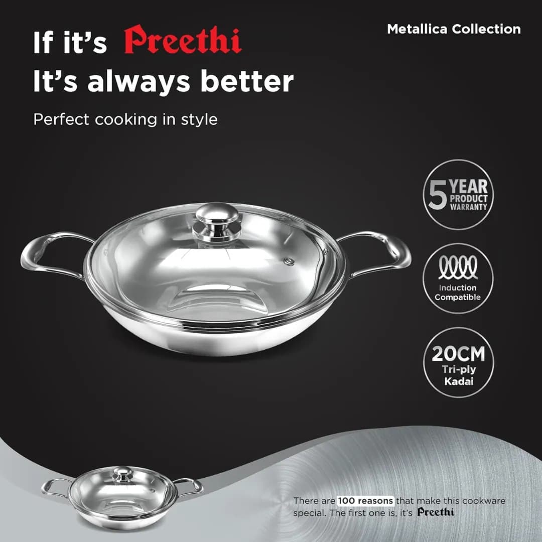 Preethi Metallica Triply Stainless Steel Kadai  20 CM Silver