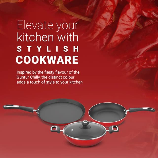 Preethi Dura Non Stick 3 Set Combo Red (28 Cm Tawa, 26 Cm Frying Pan, 26 Cm Kadai)