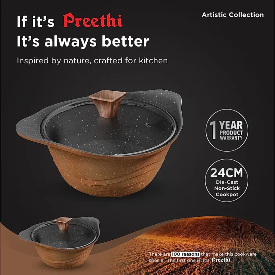 Preethi Aluminium Artistic Combo Collection Brown ( Non Stick Set , 27 Cm Tawa, 24 Cm Fry Pan, Kadai 24 Cm With Glass Lid )