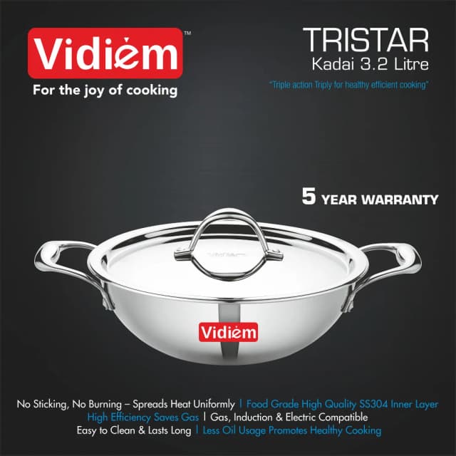 VIDIEM Tristar Stainless Steel Kadai 3.2 Ltr