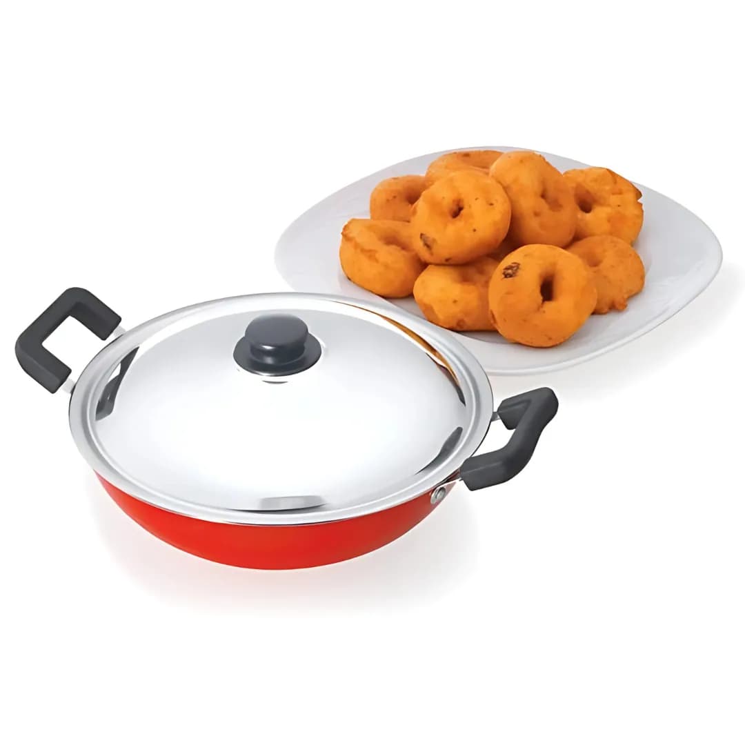 Premier Non Stick Aluminium Kadai With SS Lid 24 CM Red