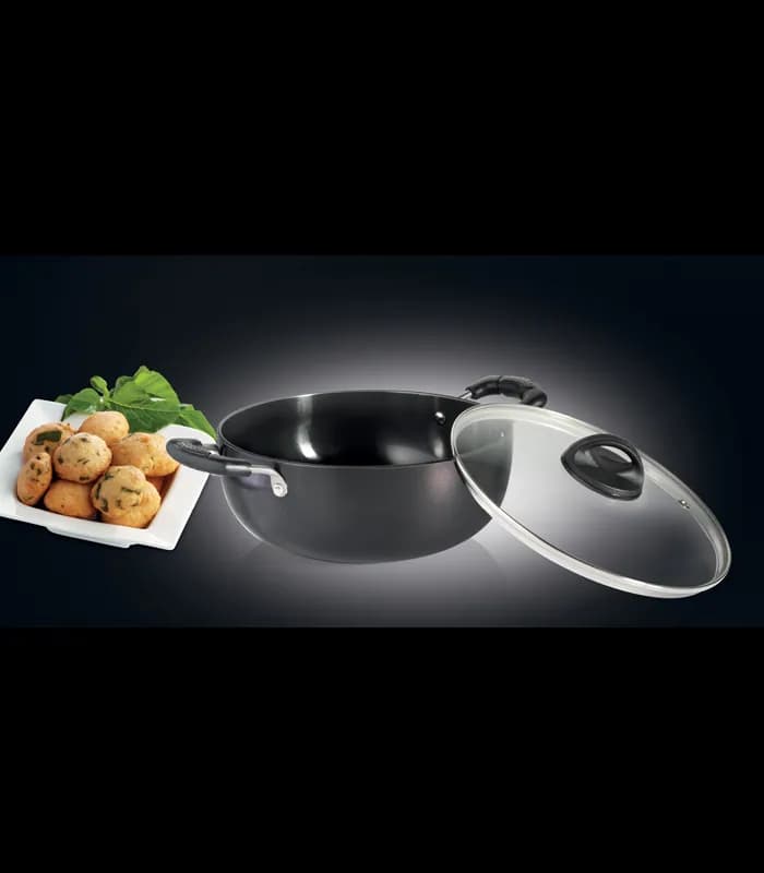 Premier Hard Anodized Trendy Black Deep Kadai With Glass Lid 22 CM