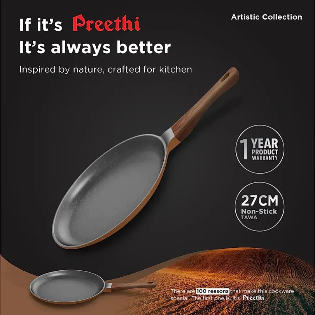 Preethi Aluminium Artistic Combo Collection Brown ( Non Stick Set , 27 Cm Tawa, 24 Cm Fry Pan, Kadai 24 Cm With Glass Lid )